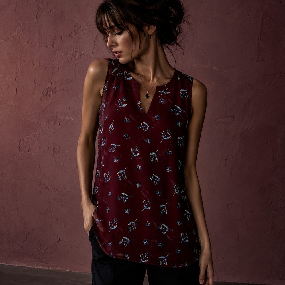 CAbi Bouquet Blouse Burgundy Blue Floral Layered Sleeveless Top M 3444